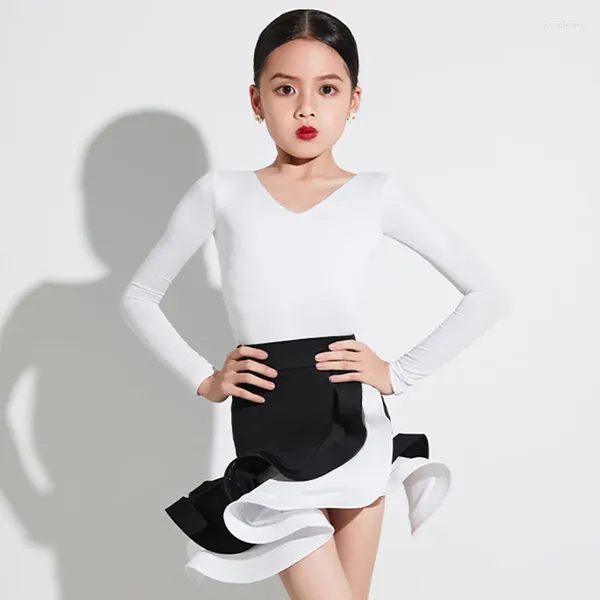 Abbigliamento da palco Ragazze Vestito da ballo latino Bianco Maniche lunghe Top Gonna Set Abiti da spettacolo Bambini Cha Ballroom DNV19154