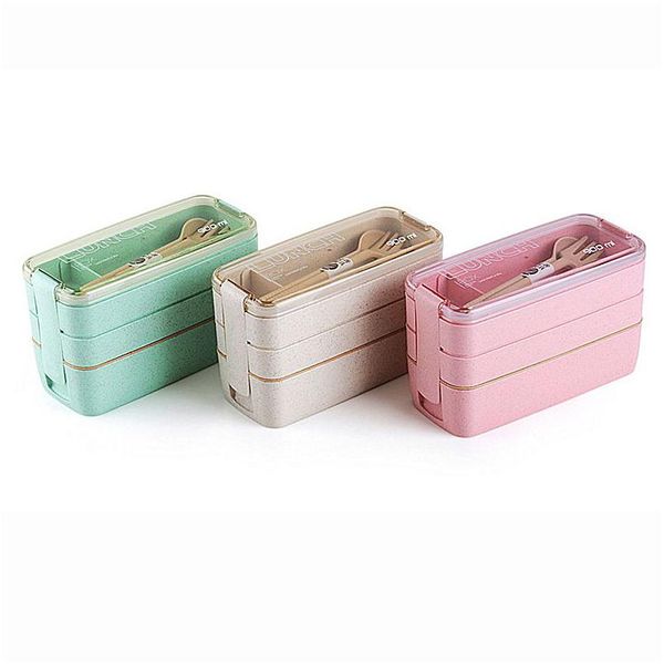 Scatole per il pranzoBorse Wheat St Lunch Box Microonde Bento Boxes Cena a tre livelli Salute Naturale Studente Conservazione degli alimenti portatile 3 colori Drop Dhj04