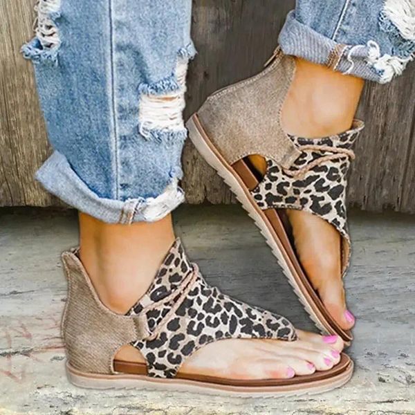 Sandalen Sommer Frauen Offene spitze Strand Schuh Retro Leopard Flip-Flops Bequeme Weiche Sohle Römische Schuhe Für Casual Flache Sandale