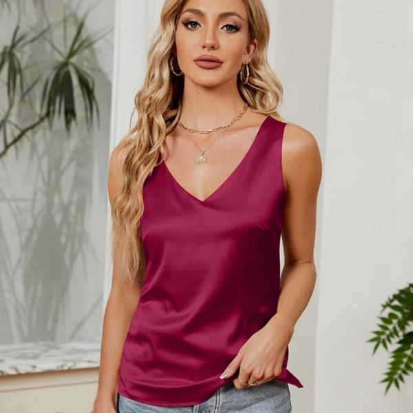 Blusas femininas moda 2024 verão camisas de cetim mulher sólida decote em v sem mangas blusa de seda casual solto topos blusas para mujer 25152