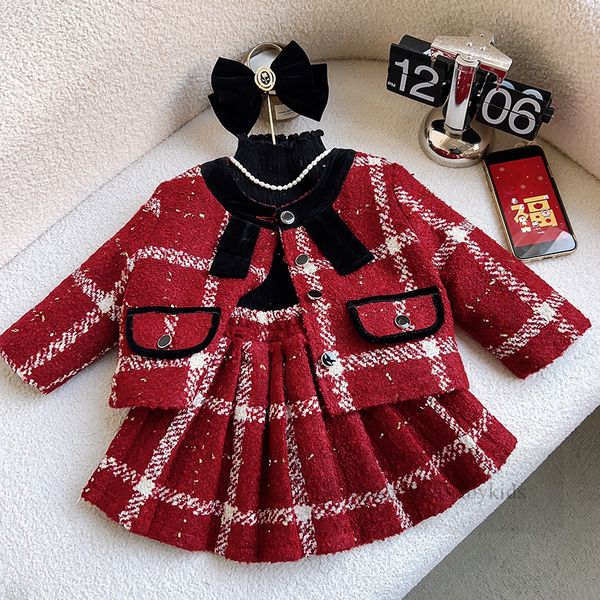 Dame Stil Kinder Plaid Wollkleidung Sets Mädchen Rundkragen Langarm Outwear Faltenrock 2 Stück Herbst Winter Kinder verdicken warme Outfits Z6531