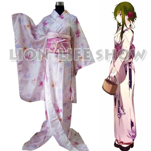 Abbigliamento Kimono lungo con pelliccia lunga da donna giapponese Costume cosplay semplice floreale rosa chiaro