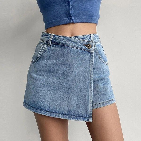 Юбки Необычная джинсовая юбка для женщин, тонкие джинсы трапециевидной формы с высокой талией, шорты, модная винтажная уличная одежда, женская одежда Y2k