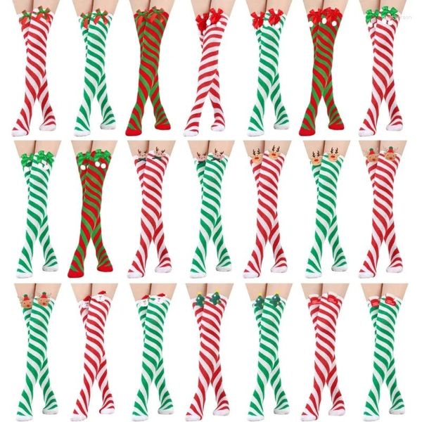Calze da donna natalizie lunghe a righe sopra il ginocchio, calze autoreggenti, bowknot, per feste cosplay per adulti