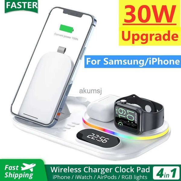 Carregadores sem fio 30W 4 em 1 Suporte de carregador sem fio para 14 13 12 Galaxy S22 S21 Ultra S20 Watch Estação doca de carregamento rápido YQ240105