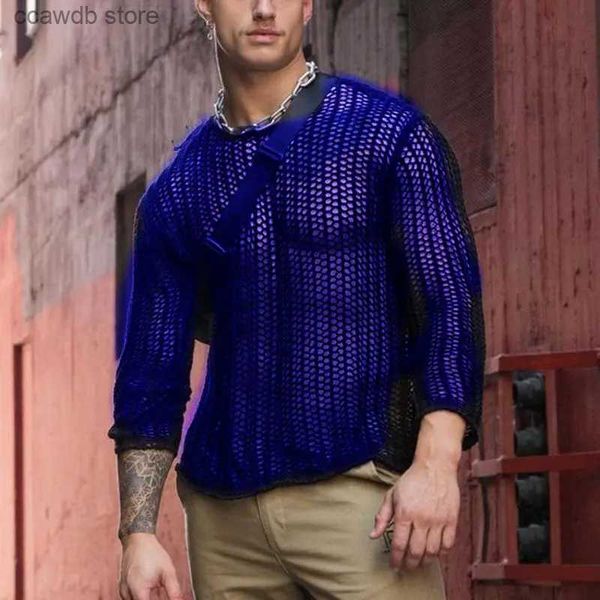 Camisetas masculinas estilo americano tops 2023 novas roupas masculinas verão moda oca out pullovers casual magro em torno do pescoço manga longa camiseta t240105