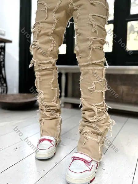 Erkekler Kot Tasarımcı Mor marka kot pantolon erkekler için kadınlar normal uyum istiflenmiş yama sıkıntılı kotlar yok edilmiş düz sıska denim pantolon sokak kıyafeti gündelik kot pantolon bhzb