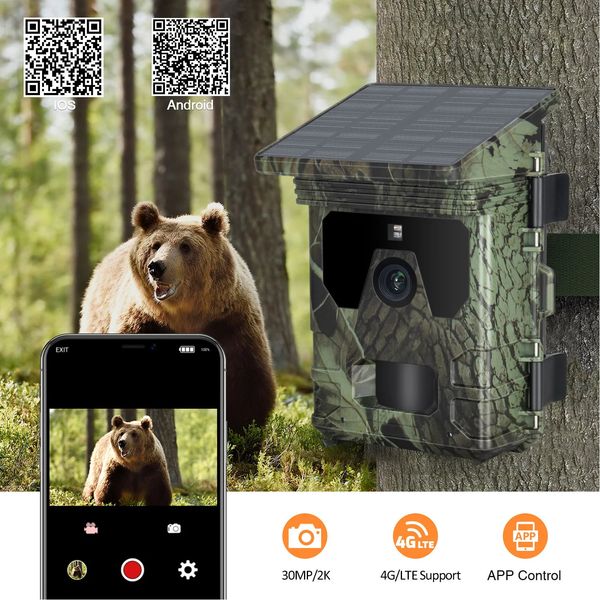 Outdoor 2K Hunting Trail Camera Spettacolo dal vivo Controllo APP Visione notturna wireless 30MP Supporto ricarica solare Wildlife Trap Game Cam 240104