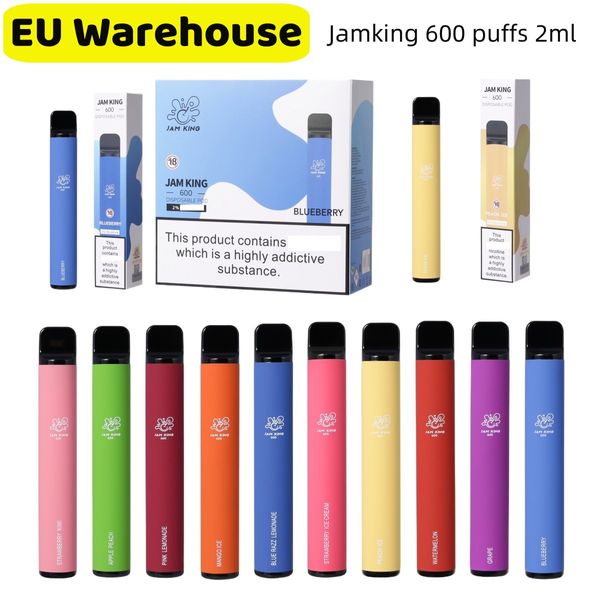 UE Estoque Jam King Vapor Pen Puff 600 2ml E-suco 10 Sabores Cigarro Descartável China Atacado Vape Stick 550mAh Bateria 20mg Nic Mesh Bobina