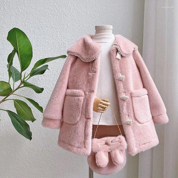 Para baixo casaco única fileira pérola fivela blusão crianças lã casacos boutique roupas de inverno do bebê meninas longo