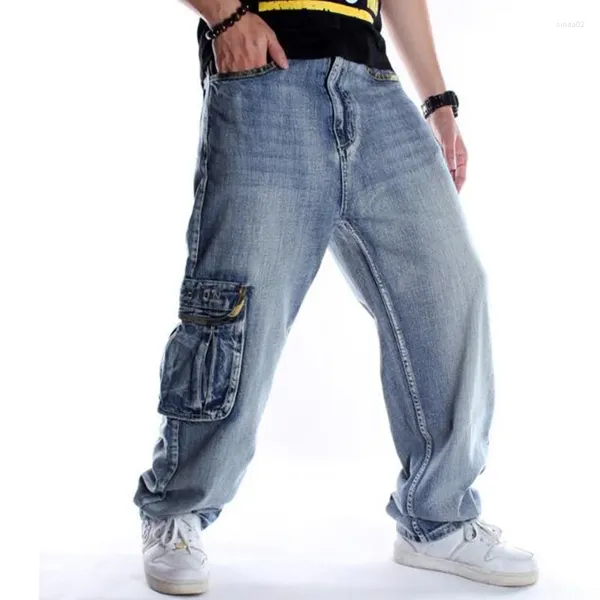 Jeans masculinos estilo baggy hip hop solto grande bolso meninos skate rap punk angustiado azul cowboy calças plus size 46