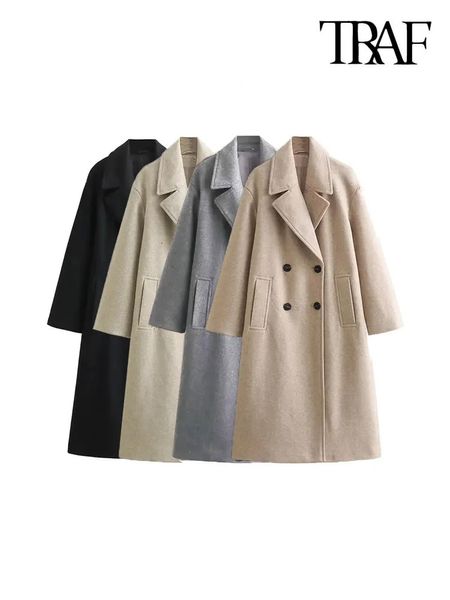 TRAFWomen's Soft Oversized Woolen Coat Manga Longa Front Welt Pockets Feminino Outerwear Chic Overcoat Fashion 240105