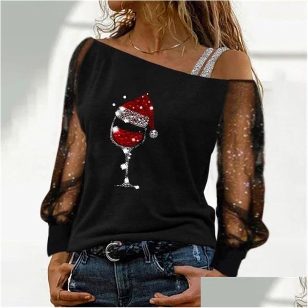 Frauenblusen Hemden Frauen Sexy Spitze Lange Ärmel Schrägkragen Off Shoderwork T-Shirts Casual Print Weihnachtskleidung 220407 Dro Dhzax