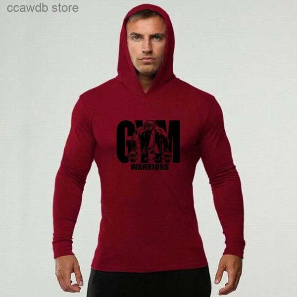 T-shirt da uomo Uomo Slim Fit Fitness Palestra Bodybuilding Sport T-shirt da corsa Autunno cotone traspirante Camicia a maniche lunghe Moda Pullover con cappuccio T240105