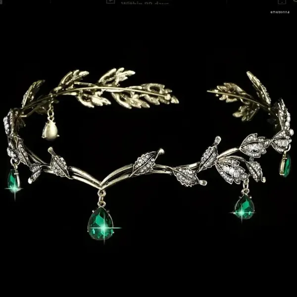 Grampos de cabelo vintage bronze esmeralda verde fada coroa tiaras cristal folhas elf tiara bandana acessórios para mulheres fantasia jóias
