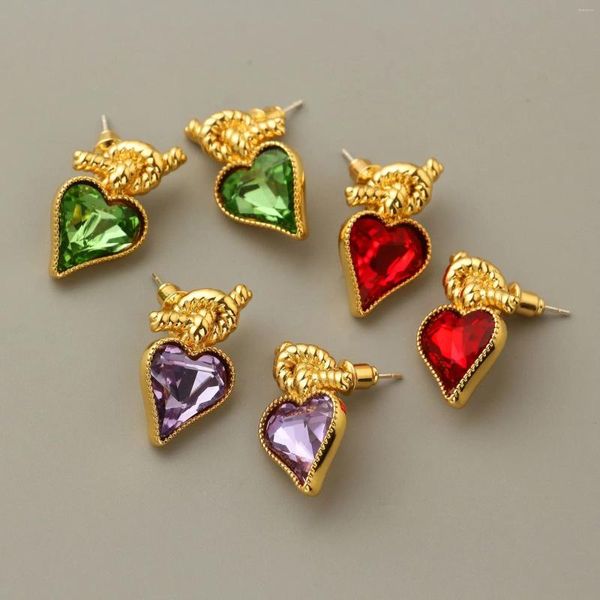 Серьги-гвоздики Япония и Южная Корея Персиковое сердце в форме красного фиолетового зеленого драгоценного камня Европейская американская модная тенденция Женская мода