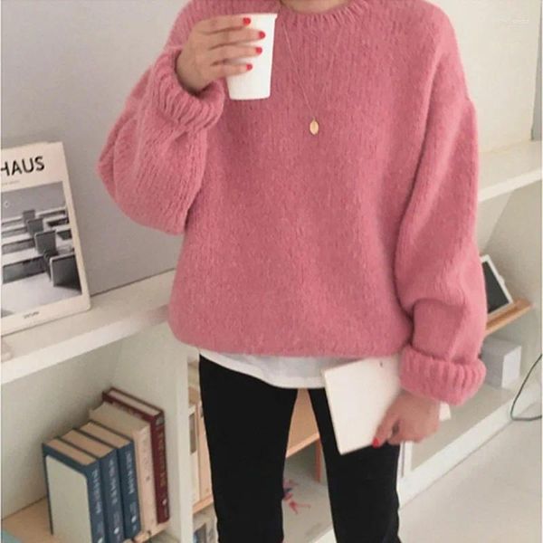 Suéteres femininos coreano doce moda casual y2k tricô manga comprida pullovers bonitos 2024 outono inverno mulheres sólido rosa senhoras camisola top