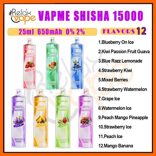 Originale VAPME SHISHA narghilè 15000 Puff monouso Vape E Sigarette 0.6ohm Mesh Coil 25ml Pod Batteria ricaricabile Cigs elettronici Sbuffi 15K 0% 2% Livello 12 Sapori