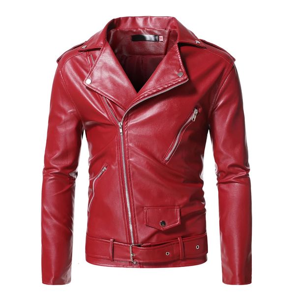 Украшение цепочкой, мотоциклетная кожаная куртка-бомбер, мужская осенняя кожаная куртка с отложным воротником, облегающая мужская кожаная куртка, пальто, большие размеры S-5XL 240104