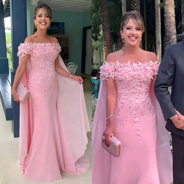 Elegante rosa mãe da noiva vestidos com apliques florais 3D fora do shouder longo vestido de convidado de casamento feito sob encomenda feminino vestido de ocasião formal vestido de noite