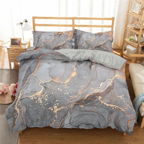 Set biancheria da letto in marmo King / Queen Size Copripiumino in marmo grigio oro Uomo Adulti Arte astratta moderna Tie Dye Copripiumino morbido gotico 240105