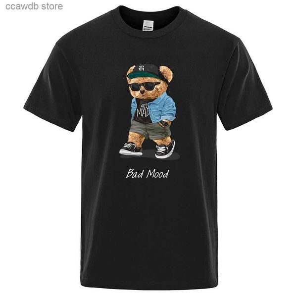 Homens camisetas Verão Casual Camiseta Get Mad Bad Mood Andando Silencioso Teddy Bear Manga Curta Mens T-shirt Hip Hop Tops Soltos Homens Oversized Tees T240105