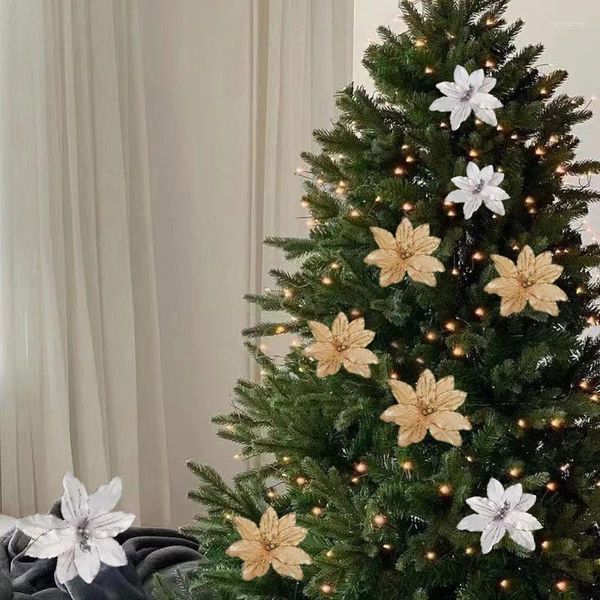 Flores decorativas glitter lantejoulas magnólia artificial flor de natal decoração da árvore ornamento ano festa em casa material de guirlanda de natal
