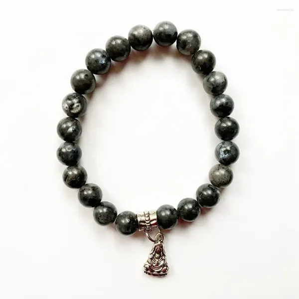 Strand Bhuann 8MM Labradorite nera naturale perline rotonde Pietra argento tibetano Guanyin Buddha Ciondolo Charms Bracciale fatto a mano 1pz