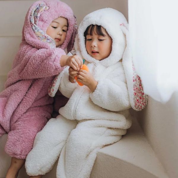 Yürümeye başlayan çocuklar Bebek Kış Sıcak Kapşonlu Romper Uzun Kollu Uzun Tavşan Kulakları Fermuar Kalın Polar Tulum Snowsuit Bodysuit Dış Giyim