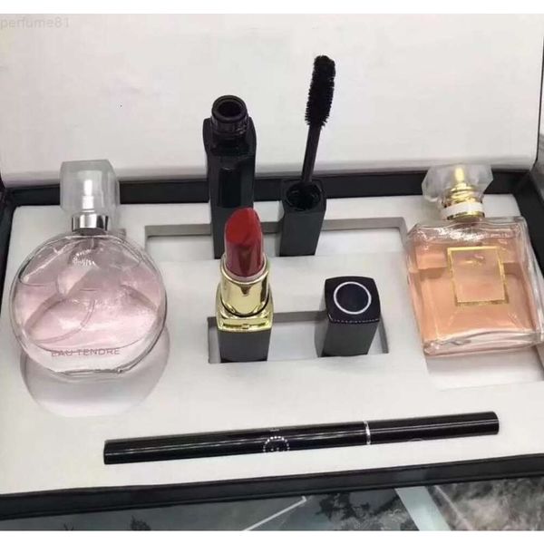 Karmiu Chaoage High -End -Marke Make -up Set 15ml Parfüm Lippenstifte Eyeliner Mascara 5pcs mit Box Lippen Kosmetik -Kit für Frauen Geschenk schnell Deliv