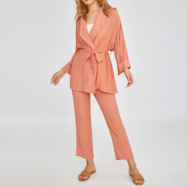 Damen Zweiteilige Hosen Frauen Casual Sets Frühling Sommer Solide Langarm Blazer Mit Gürtel Und Hoher Taille Verband Party Büro Anzüge