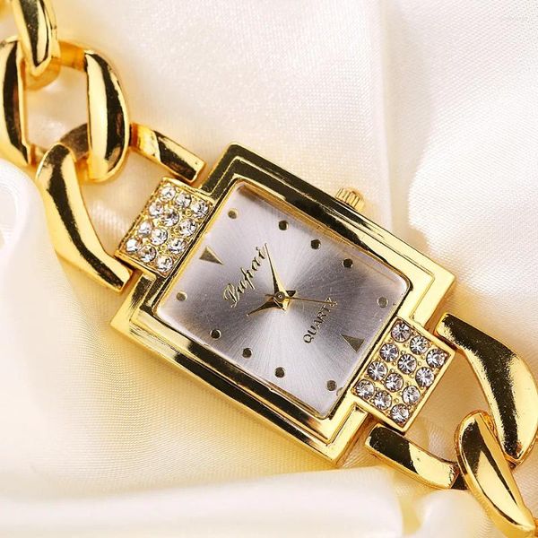 Наручные часы женские часы-браслет золотого цвета модные роскошные наручные из нержавеющей стали со стразами квадратные креативные женские платья кварцевые