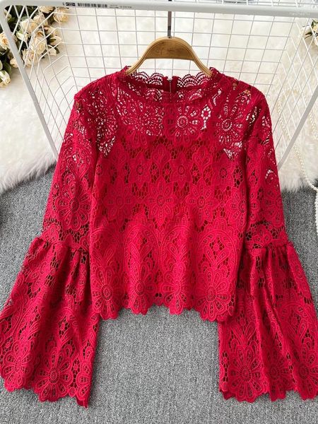 Camicette da donna Autunno Vintage Donna Verde/Rosso/Blu Scava fuori la camicetta in pizzo da donna Elegante girocollo a maniche lunghe svasate Top corti