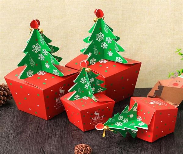 20 Pçs / lote Caixa de Presente em Forma de Árvore de Natal com Sinos Amarrados 3D Caixa de Doces Pacote de Desenhos Animados Impresso Artesanato Vermelho Caixa de Papel de Embrulho293v6487977
