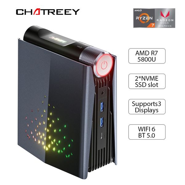 Мини-ПК Chatreey AMR5 AM08 Ryzen 7 5700U R7 7735HS 680M R9 7940HS 780M с цветной подсветкой игровой настольный компьютер Wi-Fi6 BT 5.0 240104