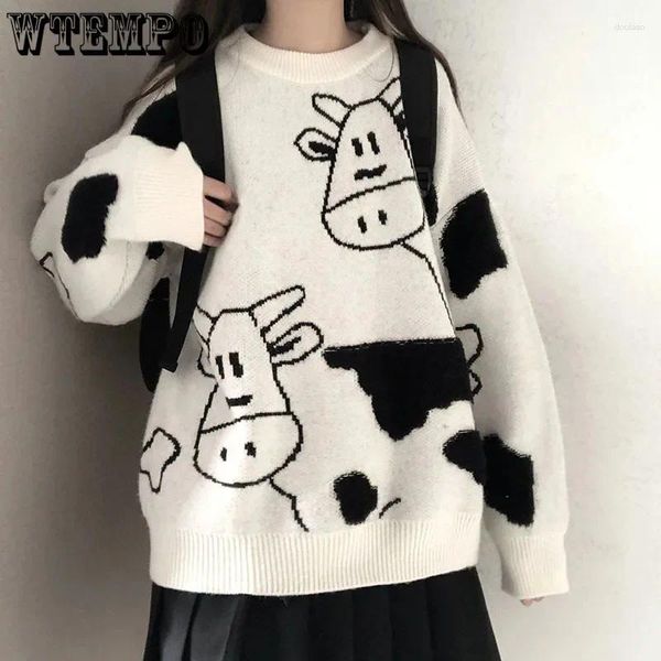 Suéteres femininos wtempo outono inverno doce estilo preppy vaca jacquard mulheres coreano solto moda casual pullovers de malha atacado