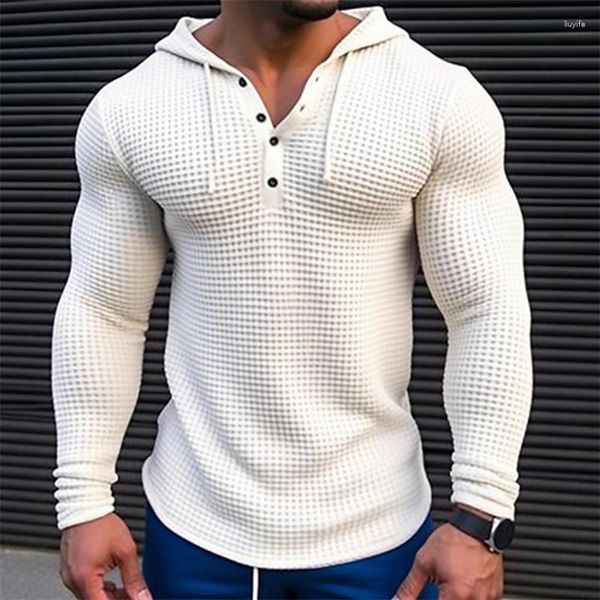 Felpe con cappuccio da uomo Casual manica lunga con bottoni T-shirt Vintage Waffle Pullover Uomo 2024 Cuciture con cappuccio con coulisse Felpa Abbigliamento uomo