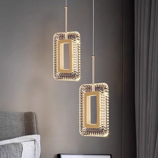 Lampade a sospensione moderne di lusso Lampade a sospensione da comodino lungo americano Apparecchio Camera da letto Home Art Decor Appeso Lamparas Luminaria Alluminio Square Droplight Lustres