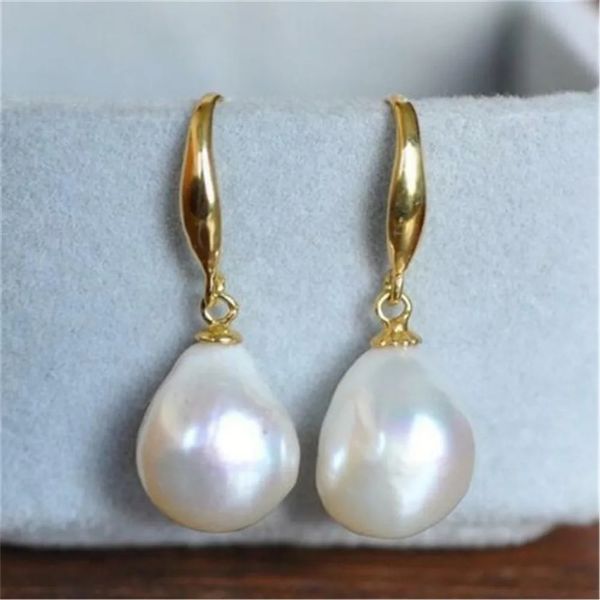 Orecchini di perle barocche bianche naturali da 10-12 mm con gancio pendente da 18 carati a goccia coltivata da matrimonio 240104