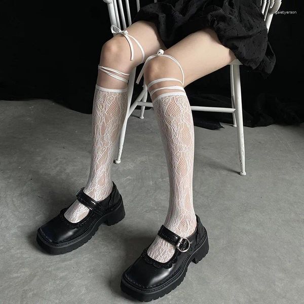 Женские носки, сексуальные кружевные сетчатые чулки с двумя пальцами, повязка на ногу «сделай сам», бантом до колена, JK Лолита для девочек, каваи, милые длинные