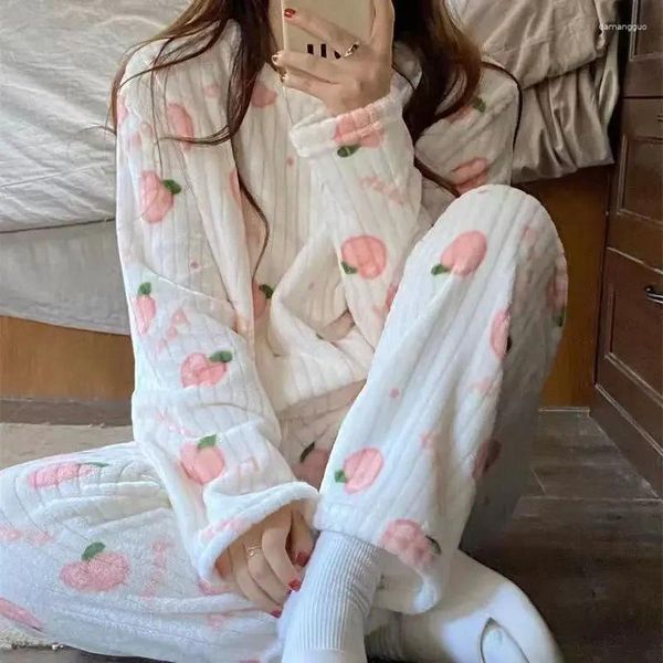 Mulheres sleepwear mulheres pêssego impresso doce pijama conjuntos feminino engrossar velo 2 peças pullovers bonitos e calças ternos quentes outono inverno