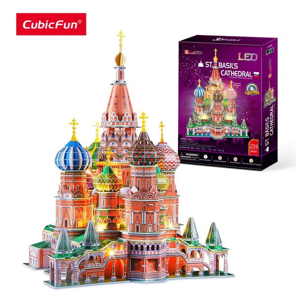 CubicFun 3D-Puzzles LED Russland Kathedrale Modell StBasils Architektur Gebäude Kirchenbausätze Spielzeug für Erwachsene Kinder 240104