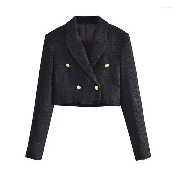 Damenanzüge Damenmode Tweed abgeschnittener Blazer Mantel Vintage Langarm-Frontknöpfe Weibliche Oberbekleidung Chic Veste Femme