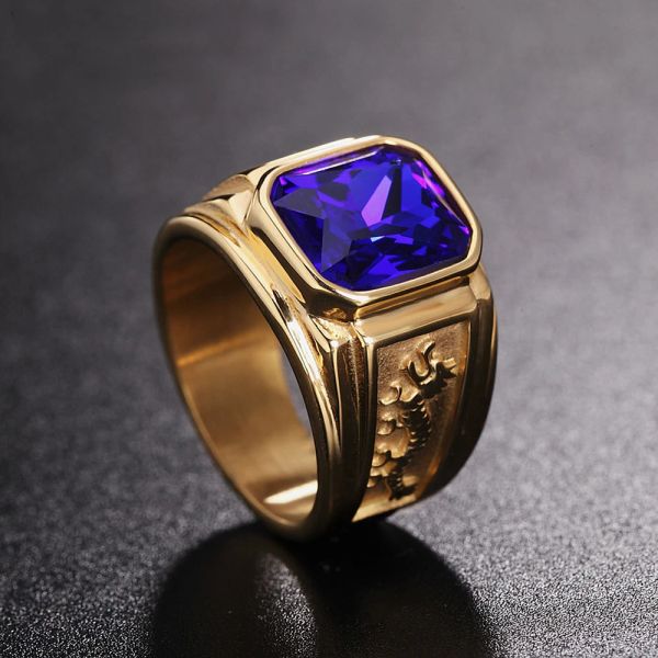 Design criativo quadrado preto vermelho pedra anel masculino punk retro cor dourada duplo dragão 14k amarelo ouro anéis amuleto jóias presente