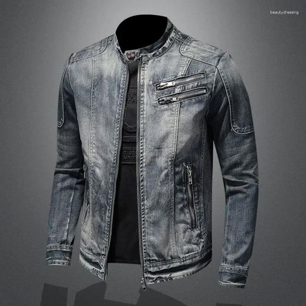 Jaquetas masculinas 2024 jaqueta jeans na moda retro moda casual gola alta zíper bonito equitação motociclista roupas tops