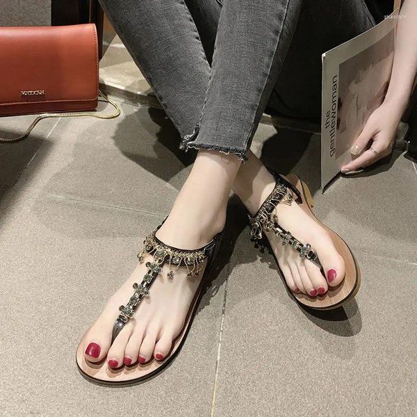 Sandalen Damenschuhe Strasssteine für Frau mit niedrigen Absätzen Schuhe Diamant Sommer 2024 Flip-Flops Gold Outdoor Vintage Alltag F