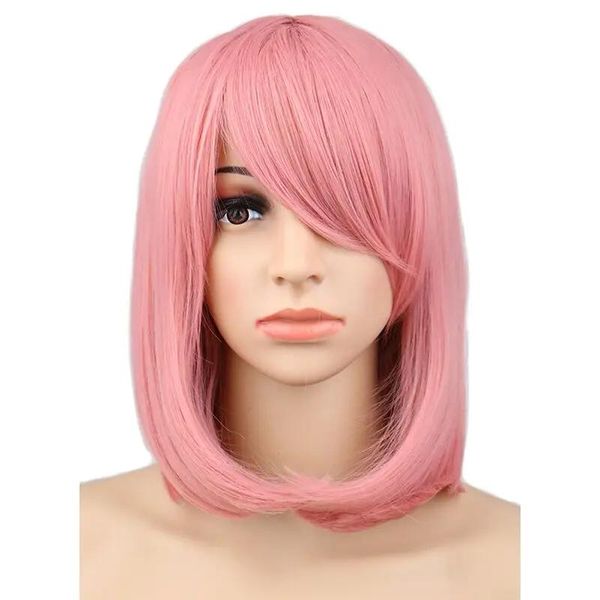 Perucas QQXCAIW Mulheres Meninas Curto Bob Reto Cosplay Peruca Fantasia Festa Rosa 40 cm Perucas de Cabelo Sintético