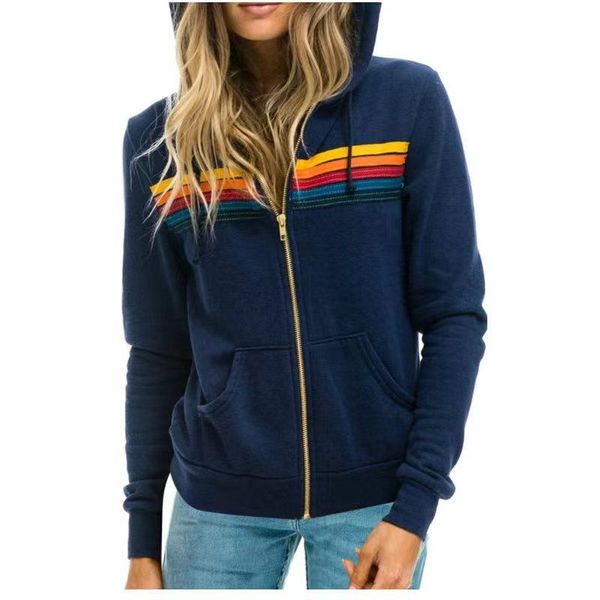 dapu Damen Jacken Europäischer und amerikanischer lässiger langärmeliger Kapuzenpullover Herren Freizeitpullover Frühling Frühling Regenbogen gestreifte Hose Jogginghose gestrickt