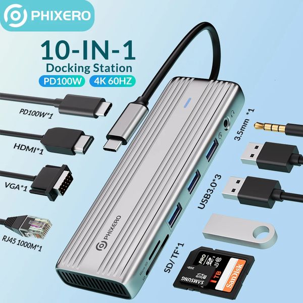PHIXERO Docking Station Type C HUB para 4K 60Hz Compatível USB 3.0 Adaptador RJ45 PD100W Carga para Macbook Pro PC Accessorie 240104