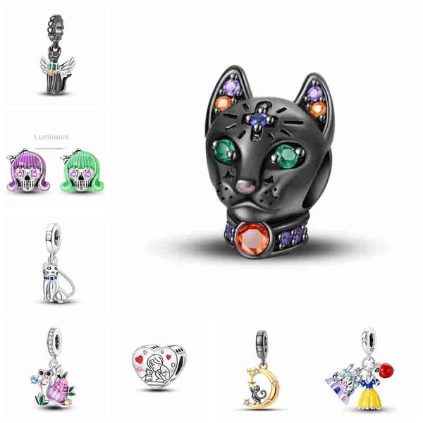 2024 Sterling Silber Emaille Charms schwarze Katze Perle 925 Freund Schuhe Horror Mädchen Leuchtender Anhänger Fit Pando Armband Halskette DIY Schmuck